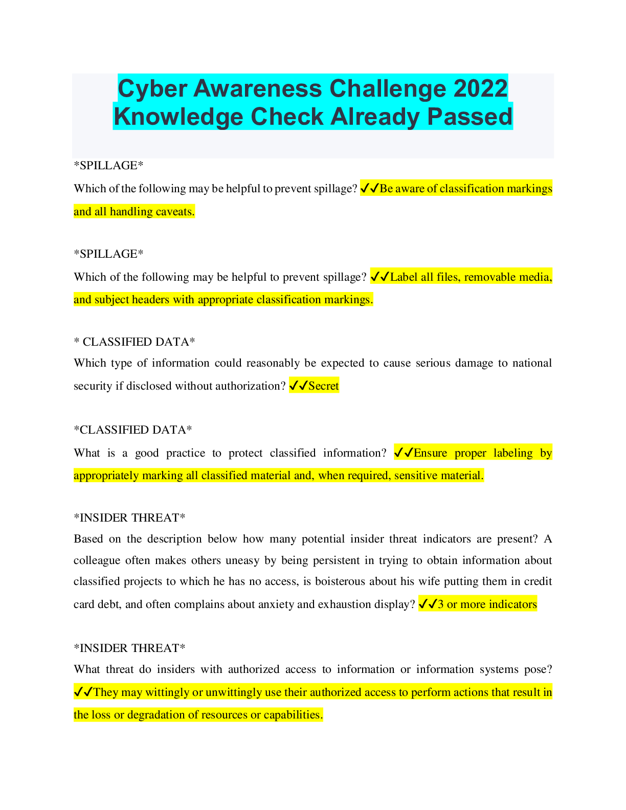 Cyber Awareness Challenge 2022 Knowledge Check Already Passed